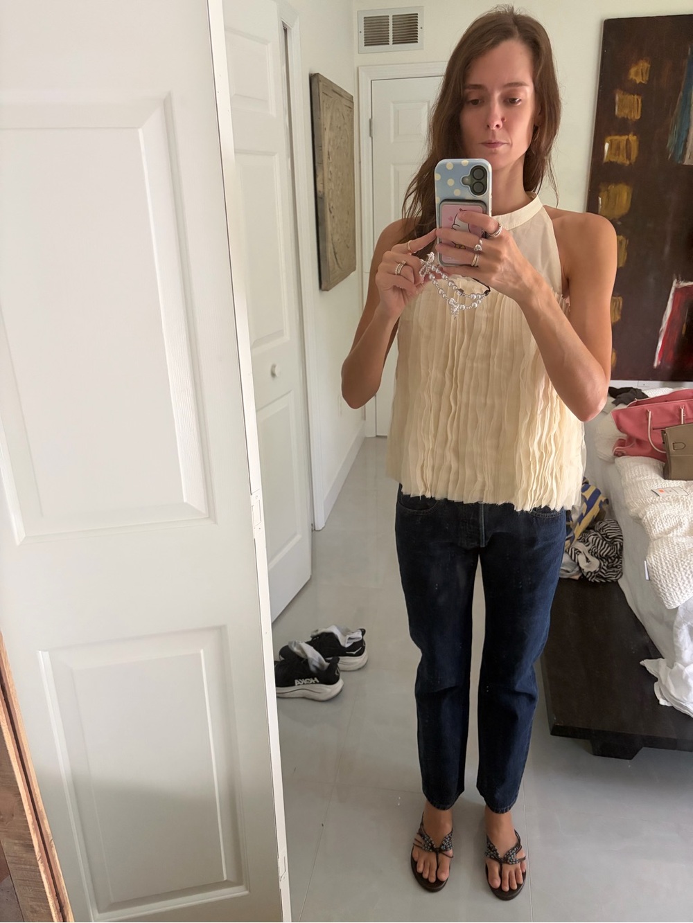 Pleated Cream Halter Camisole Top